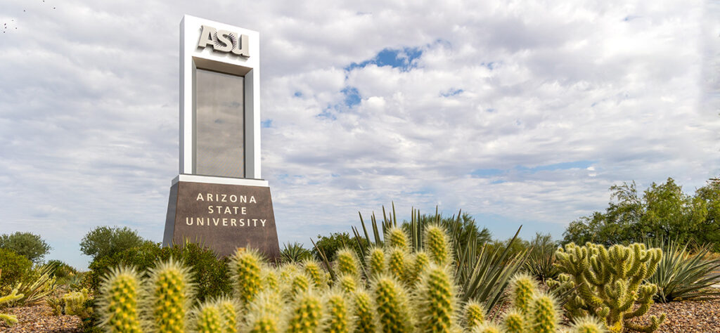 ASU sign amid a desert backdrop of cacti